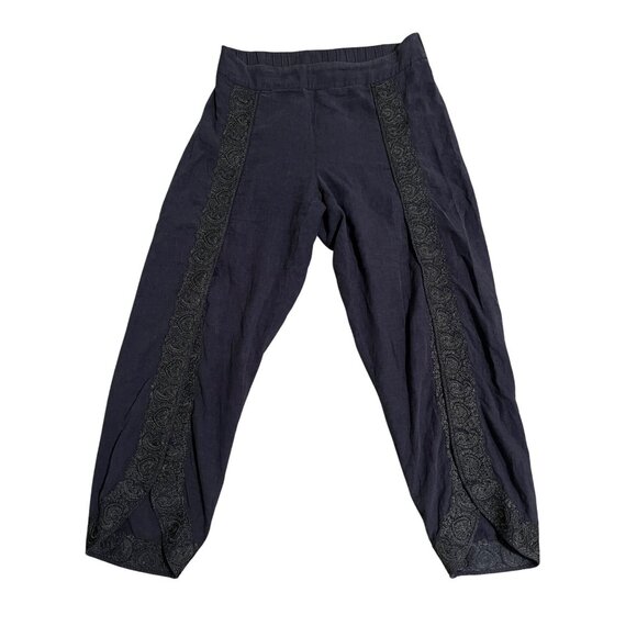 Soft Surroundings Womens Onna Linen Pants Black Embroidered Trimmed Split Hem sz - Picture 1 of 12